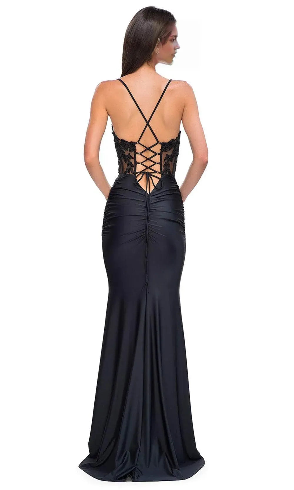 Black Spaghetti Strap Prom Dress with Sheer Lace Bodice and Ruched Satin Skirt for Formal Evening Galas