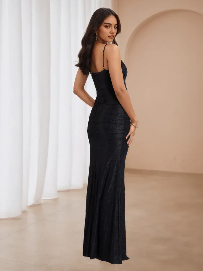 Black Spaghetti Strap Ruched Prom Dress with High Slit -Mermaid Evening Gown