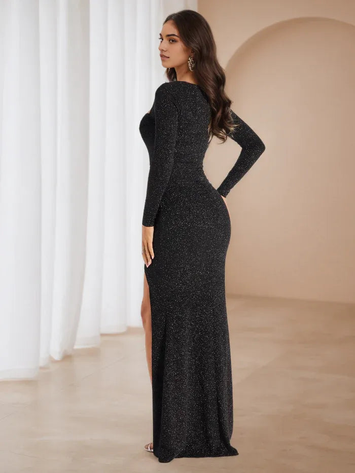 Black Square Neckline Long Sleeves Sweep/Brush Train Prom Dresses