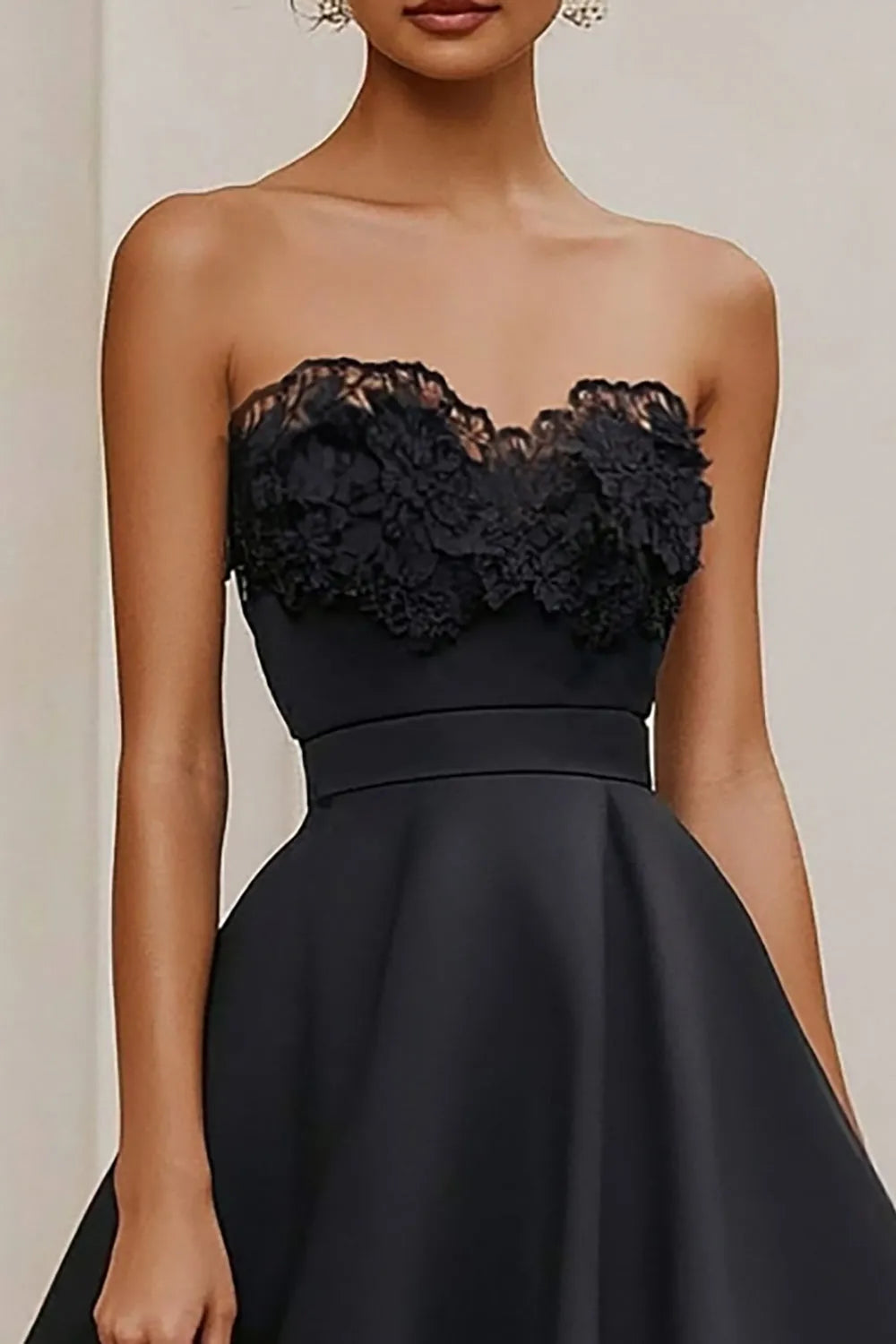 Black Strapless A Line Long Satin Evening Dresses with Lace