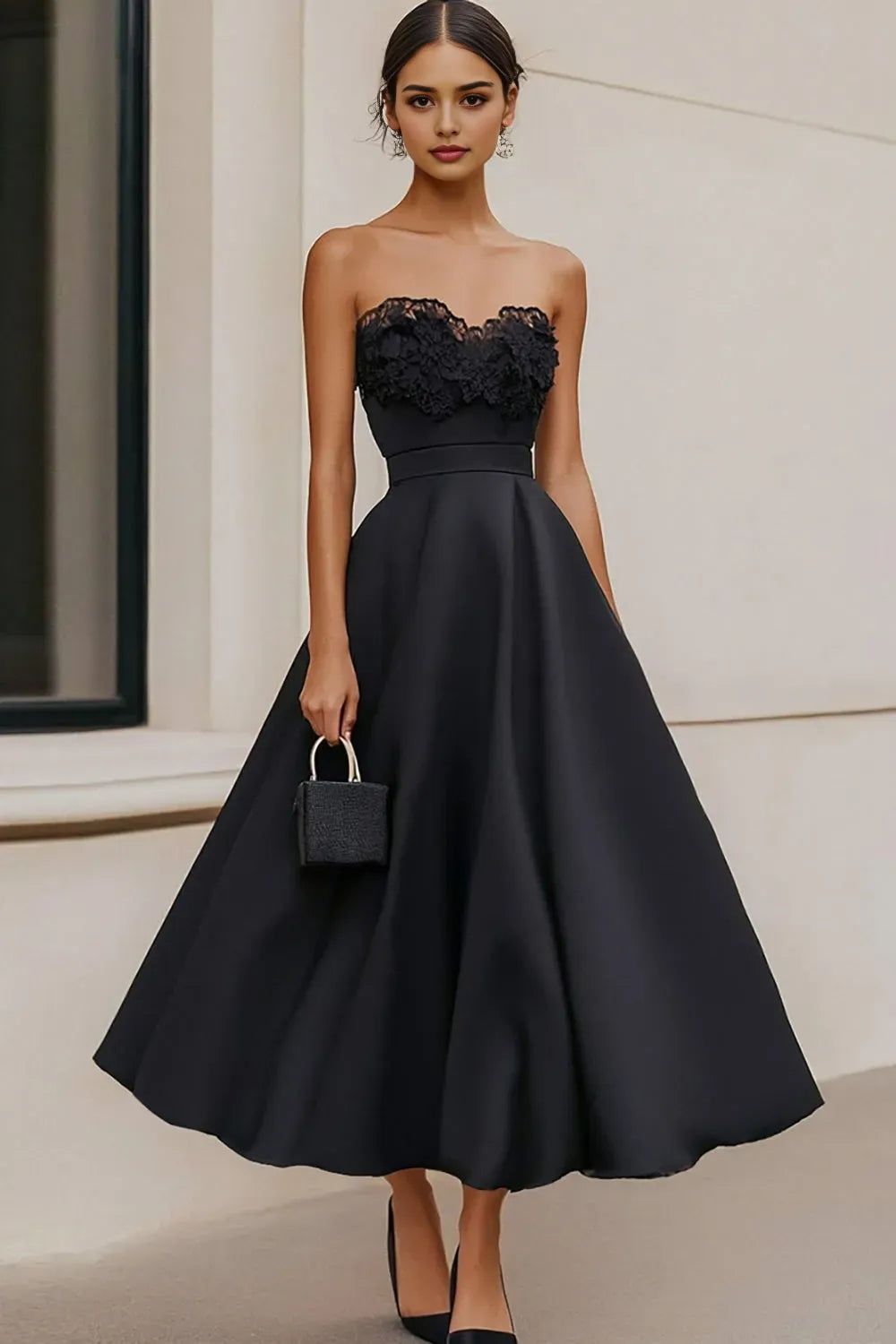 Black Strapless A Line Long Satin Evening Dresses with Lace
