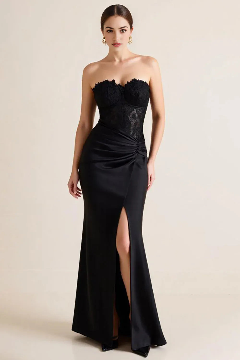 Black Strapless Appliqued Long Sheath Party Dress with Slit