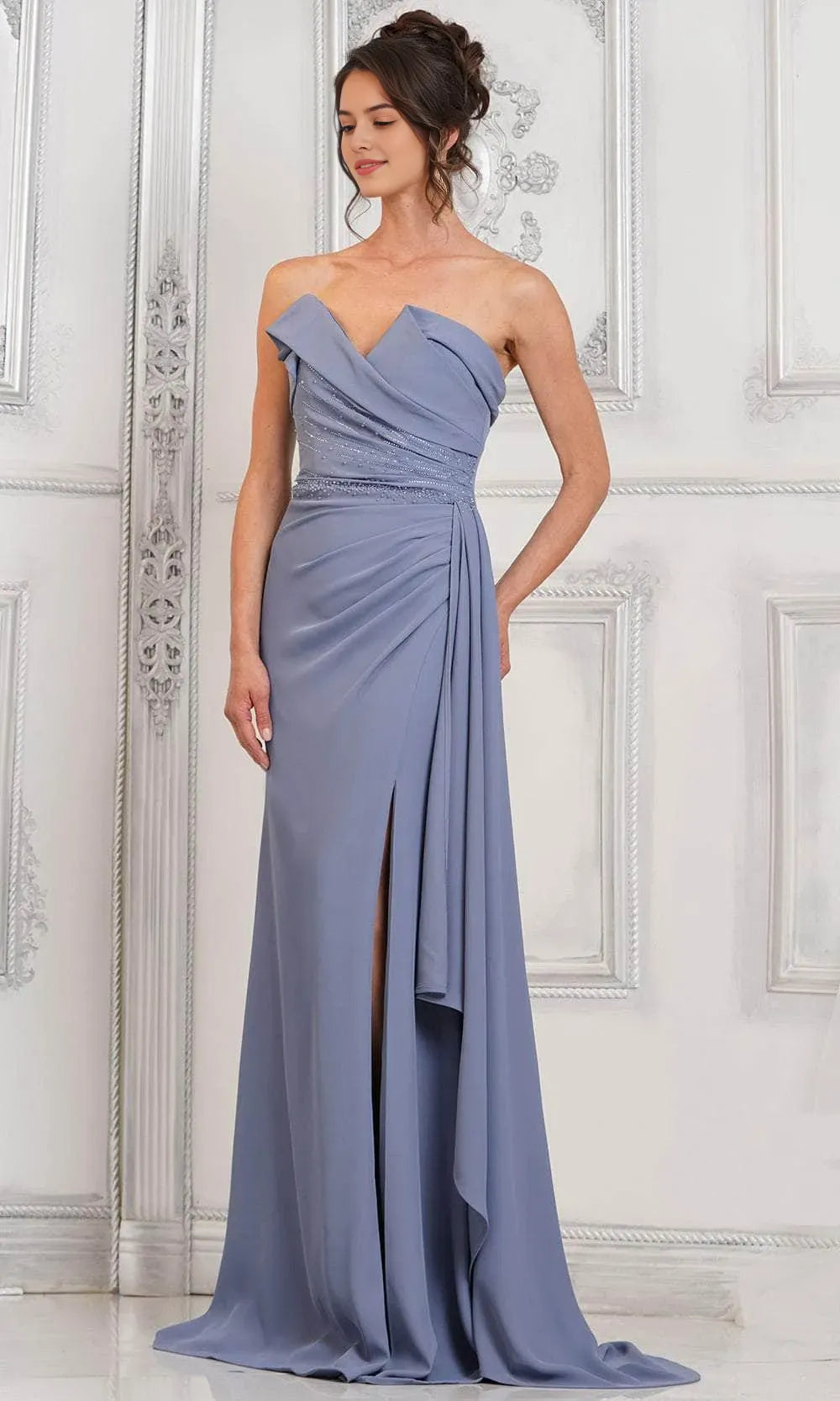 Black Strapless Evening Dress with Beaded Waistband Asymmetric Draping and High Side Slit for Formal Occasions