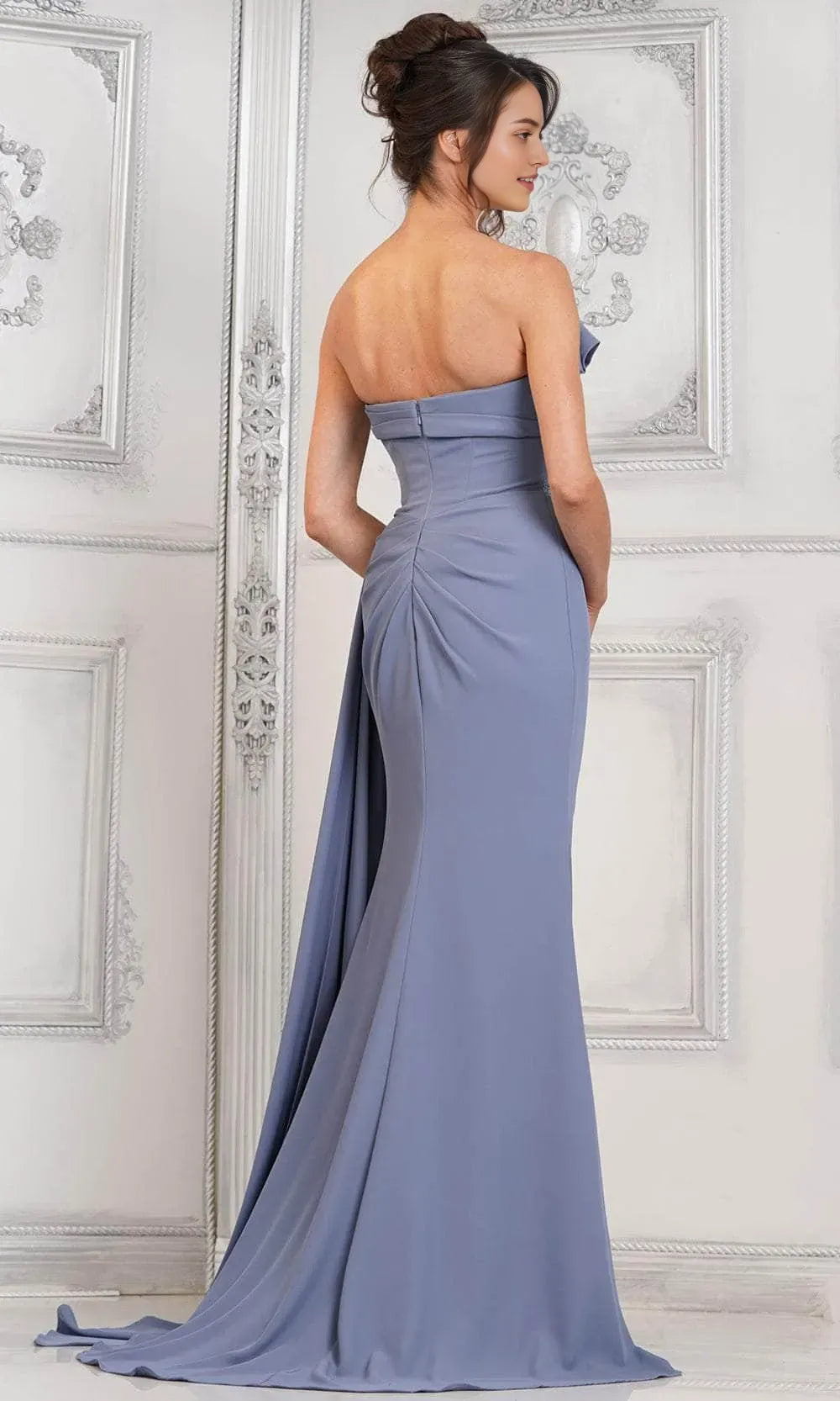 Black Strapless Evening Dress with Beaded Waistband Asymmetric Draping and High Side Slit for Formal Occasions