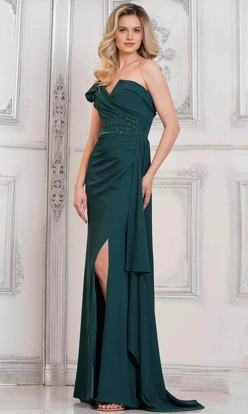 Black Strapless Evening Dress with Beaded Waistband Asymmetric Draping and High Side Slit for Formal Occasions