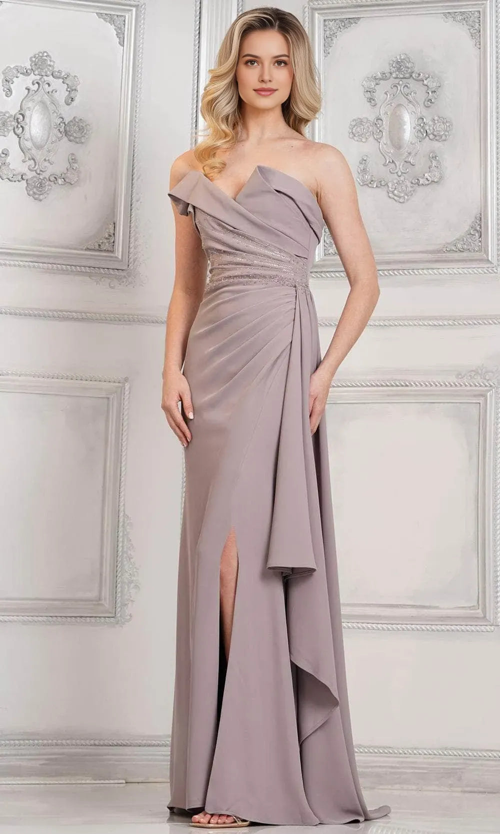 Black Strapless Evening Dress with Beaded Waistband Asymmetric Draping and High Side Slit for Formal Occasions