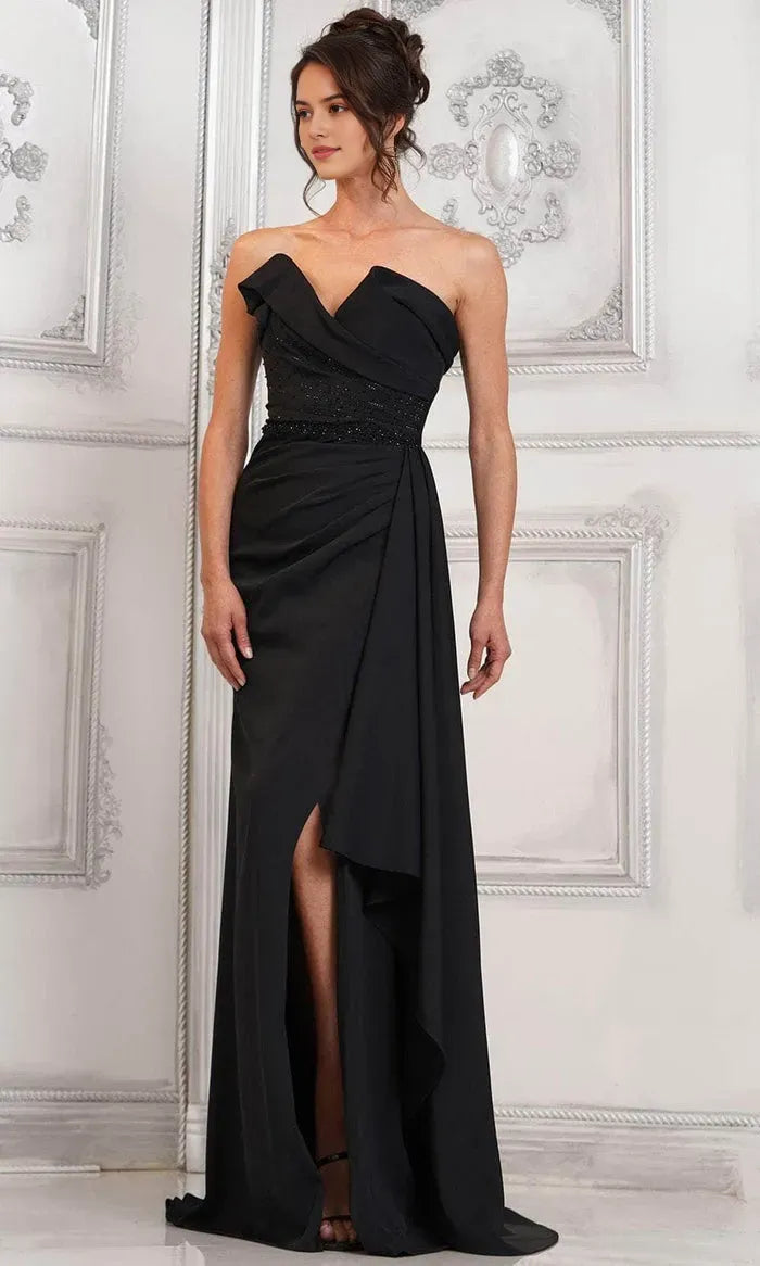Black Strapless Evening Dress with Beaded Waistband Asymmetric Draping and High Side Slit for Formal Occasions