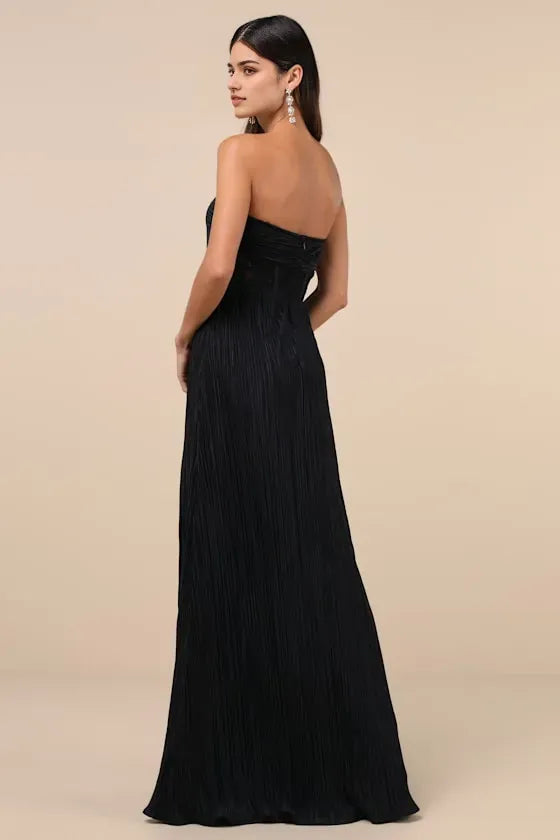 Black Strapless Prom Dress with Pleated Textured Skirt Sheer Lace Bodice Cutout  High-Thigh Slit  Perfect for Formal Galas