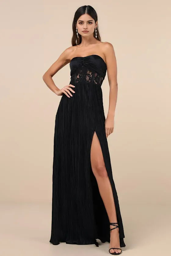 Black Strapless Prom Dress with Pleated Textured Skirt Sheer Lace Bodice Cutout  High-Thigh Slit  Perfect for Formal Galas