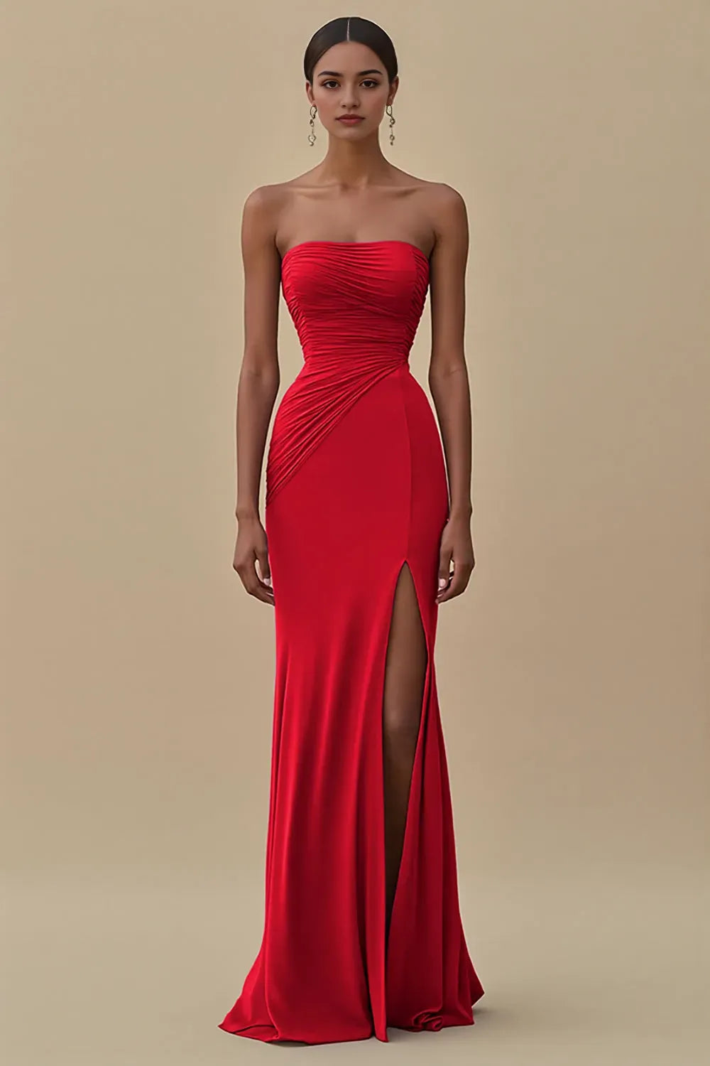 Black Strapless Ruched Long Formal Dress with Slit