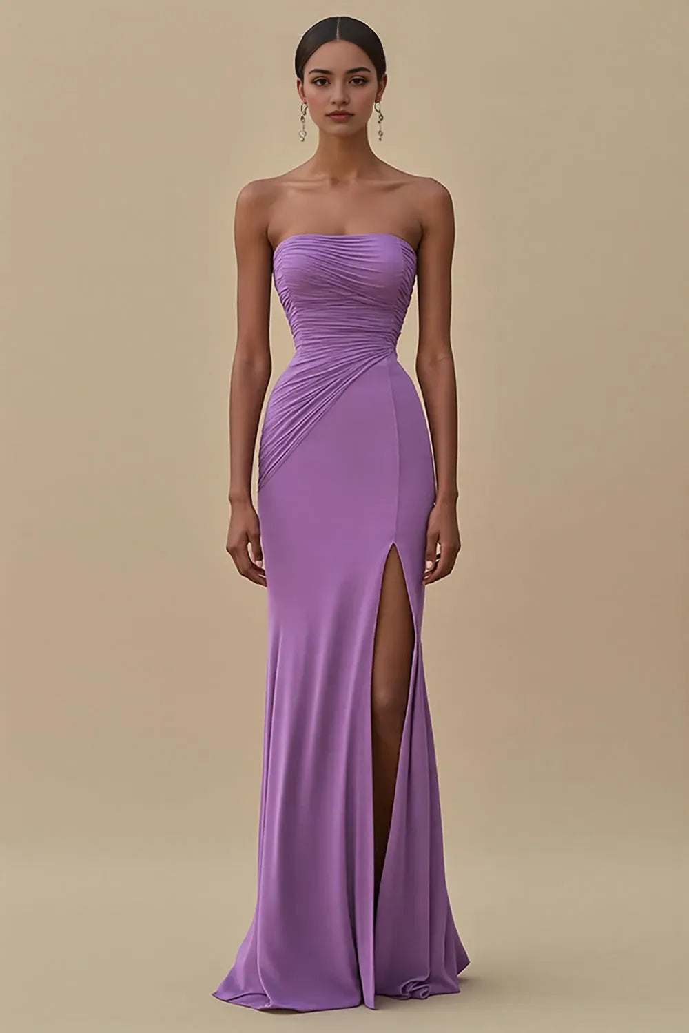 Black Strapless Ruched Long Formal Dress with Slit