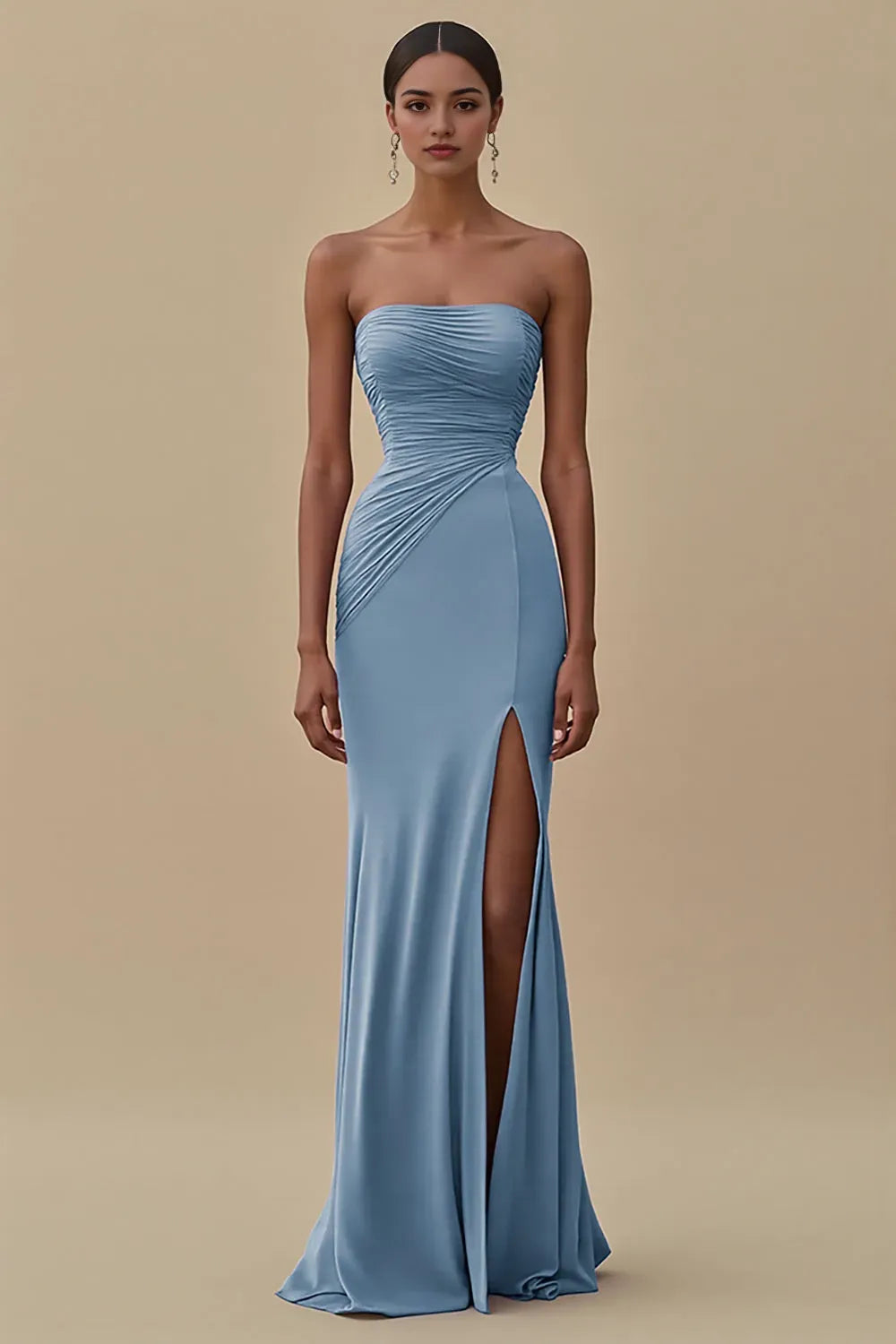 Black Strapless Ruched Long Formal Dress with Slit