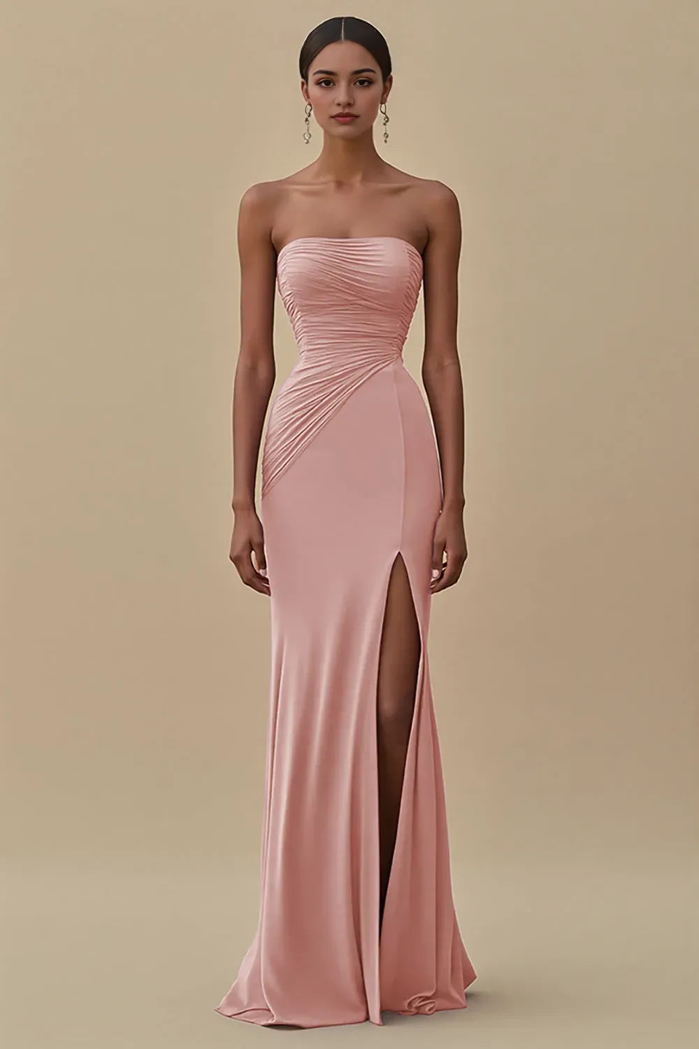 Black Strapless Ruched Long Formal Dress with Slit