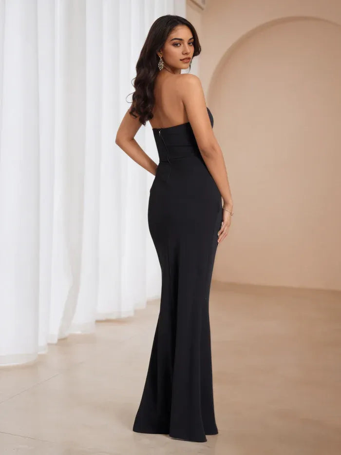 Black Strapless Ruched Mermaid Prom Dress with Side Slit  Elegant Evening Gown