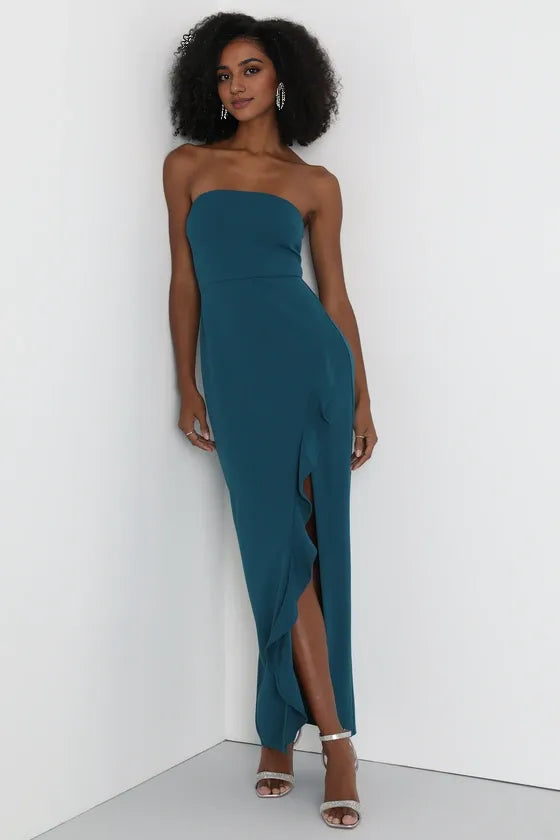 Black Strapless Ruffled Evening Dresses