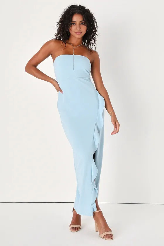 Black Strapless Ruffled Evening Dresses
