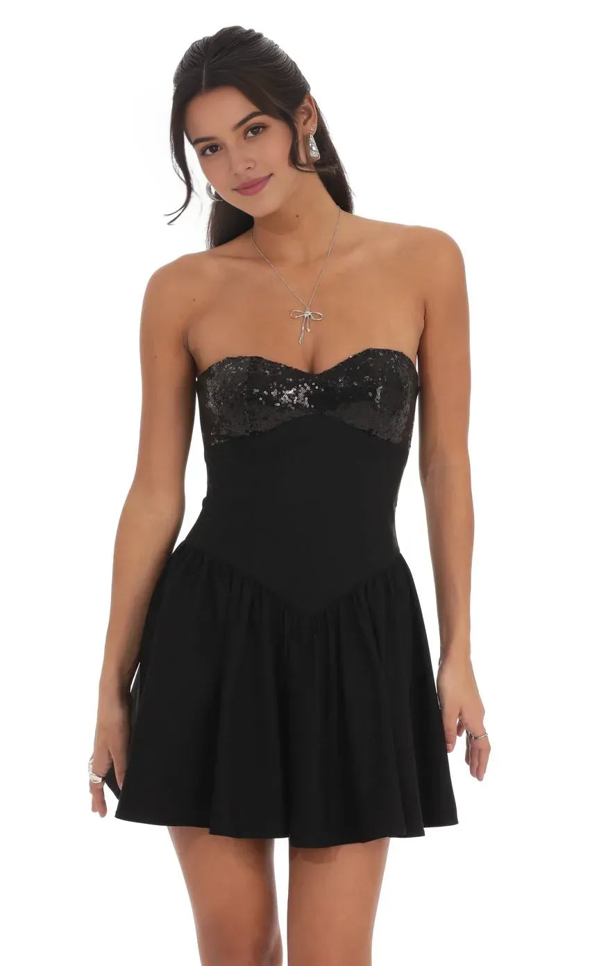 Black Strapless Sequin Embellished Homecoming Dresses with Flared Skirt  Ideal for Homecoming School Dances