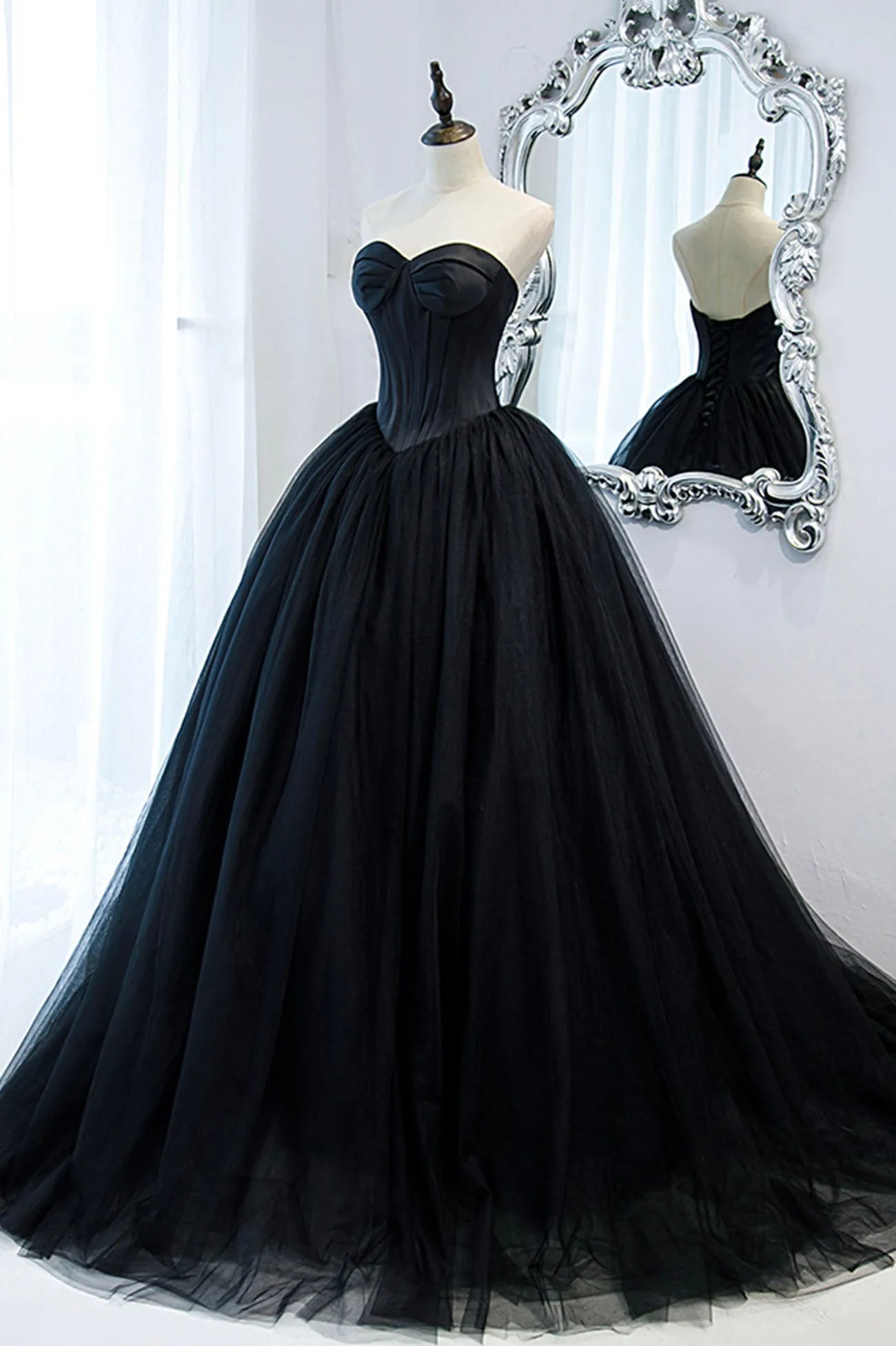 Black Strapless Tulle Long A-Line Prom Dress Black Formal Evening Gown