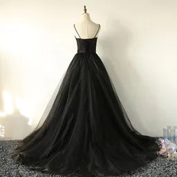 Black Straps Sweetheart Long Evening Prom Dress Black Tulle Party Dresses