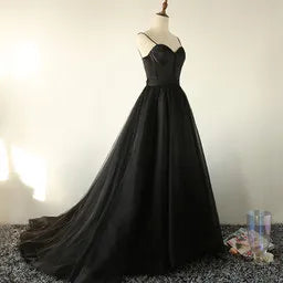 Black Straps Sweetheart Long Evening Prom Dress Black Tulle Party Dresses