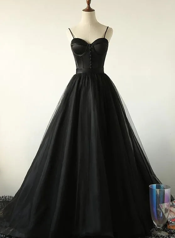 Black Straps Sweetheart Long Evening Prom Dress Black Tulle Party Dresses