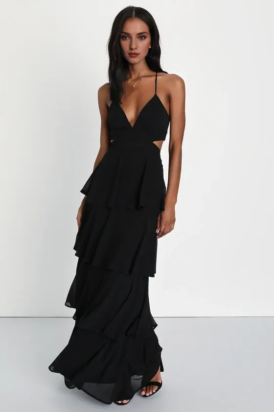 Black Tie-Back Tiered Maxi Dress