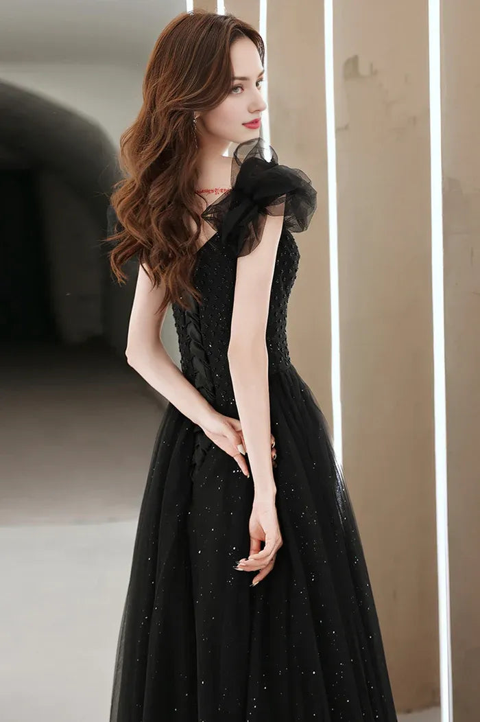 Black Tulle Long Prom Dress with Beaded Black Evening Graduation Dress