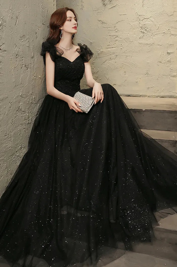 Black Tulle Long Prom Dress with Beaded Black Evening Graduation Dress