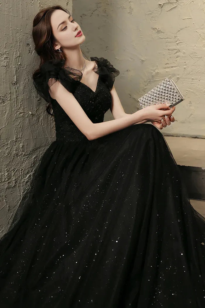 Black Tulle Long Prom Dress with Beaded Black Evening Graduation Dress