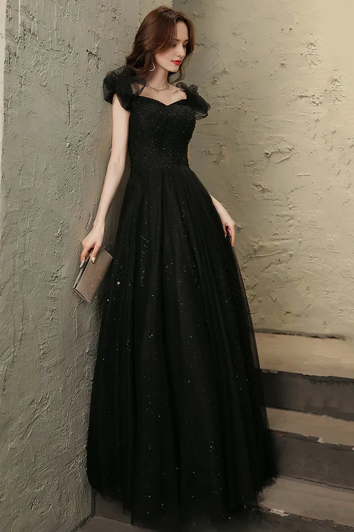 Black Tulle Long Prom Dress with Beaded Black Evening Graduation Dress