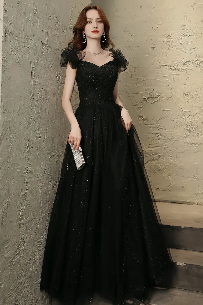 Black Tulle Long Prom Dress with Beaded Black Evening Graduation Dress