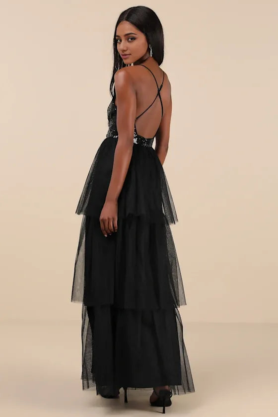 Black Tulle Sequin Tiered Evening Dresses