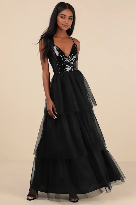 Black Tulle Sequin Tiered Evening Dresses
