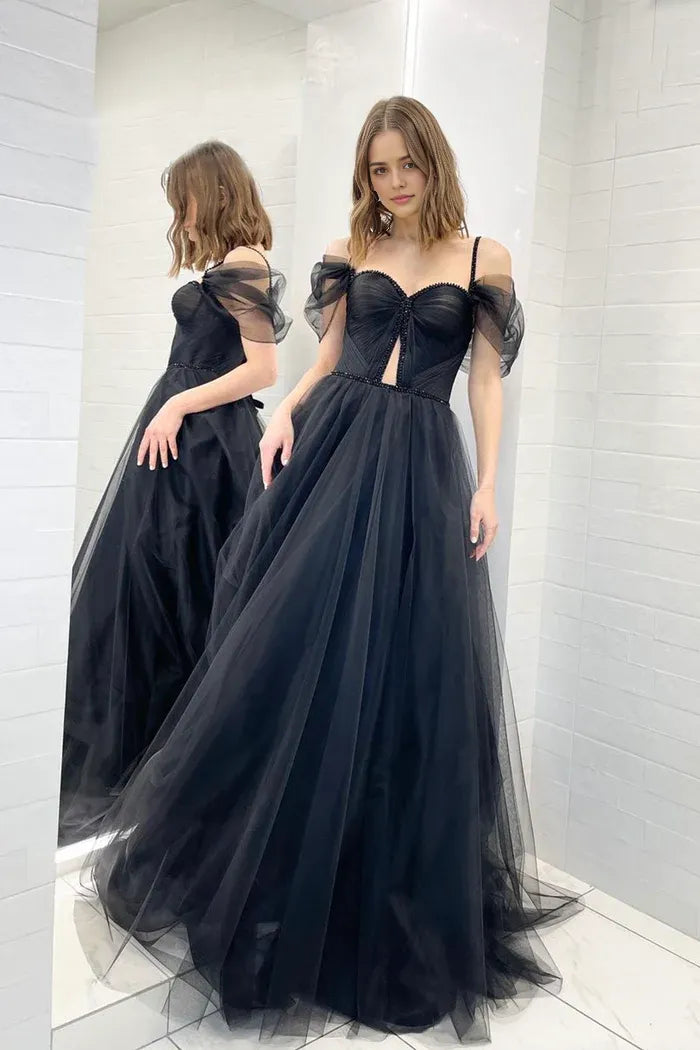 Black Tulle Sweetheart Floor Length Prom Dress Black Tulle Off Shoulder Evening Dress