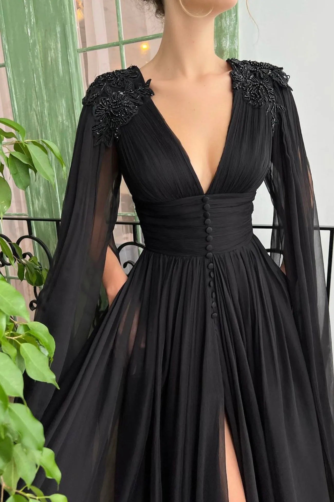 Black V-Neck Chiffon Long Prom Dress Black Evening Dress with Slit ﻿