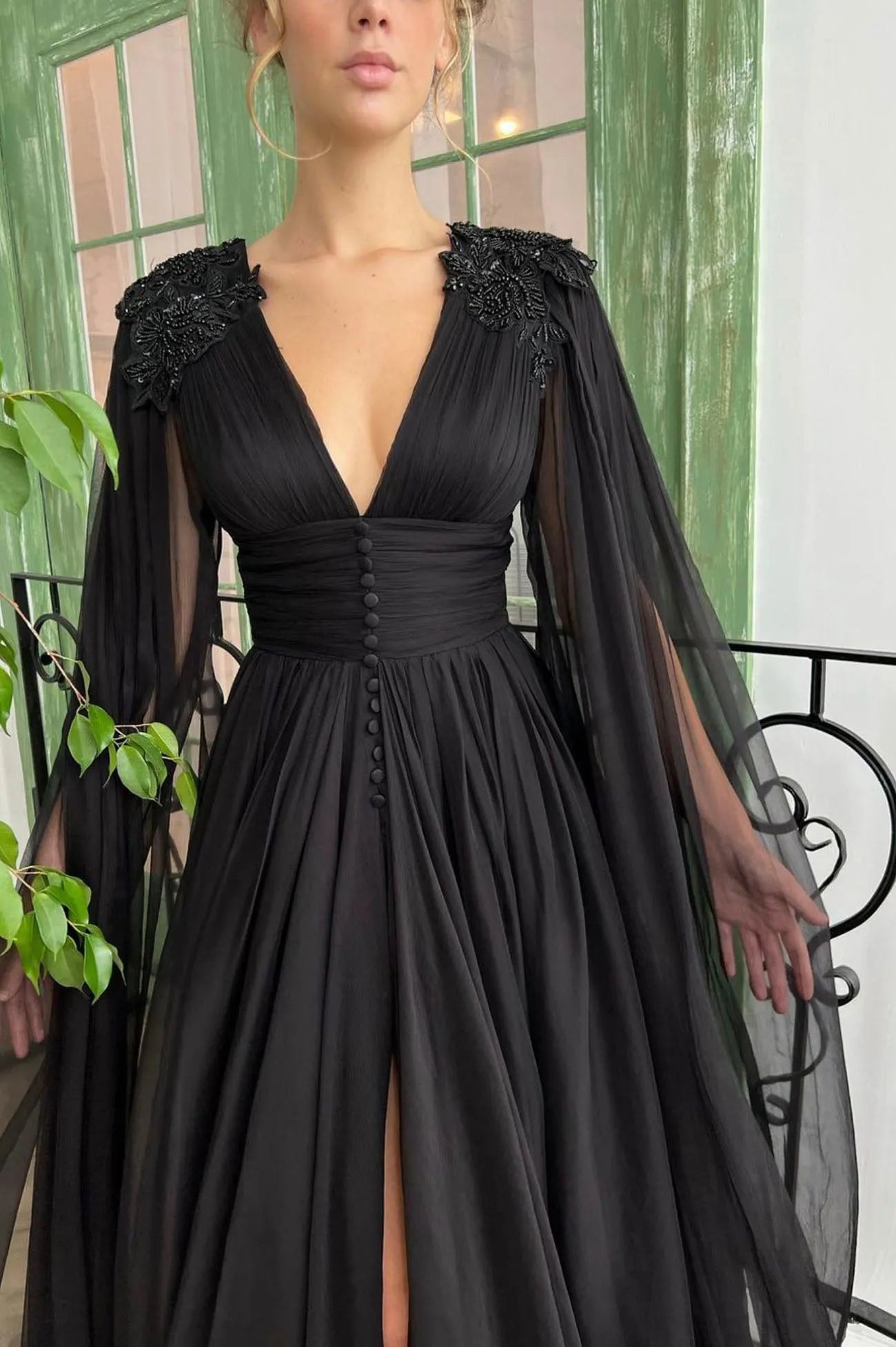 Black V-Neck Chiffon Long Prom Dress Black Evening Dress with Slit ﻿