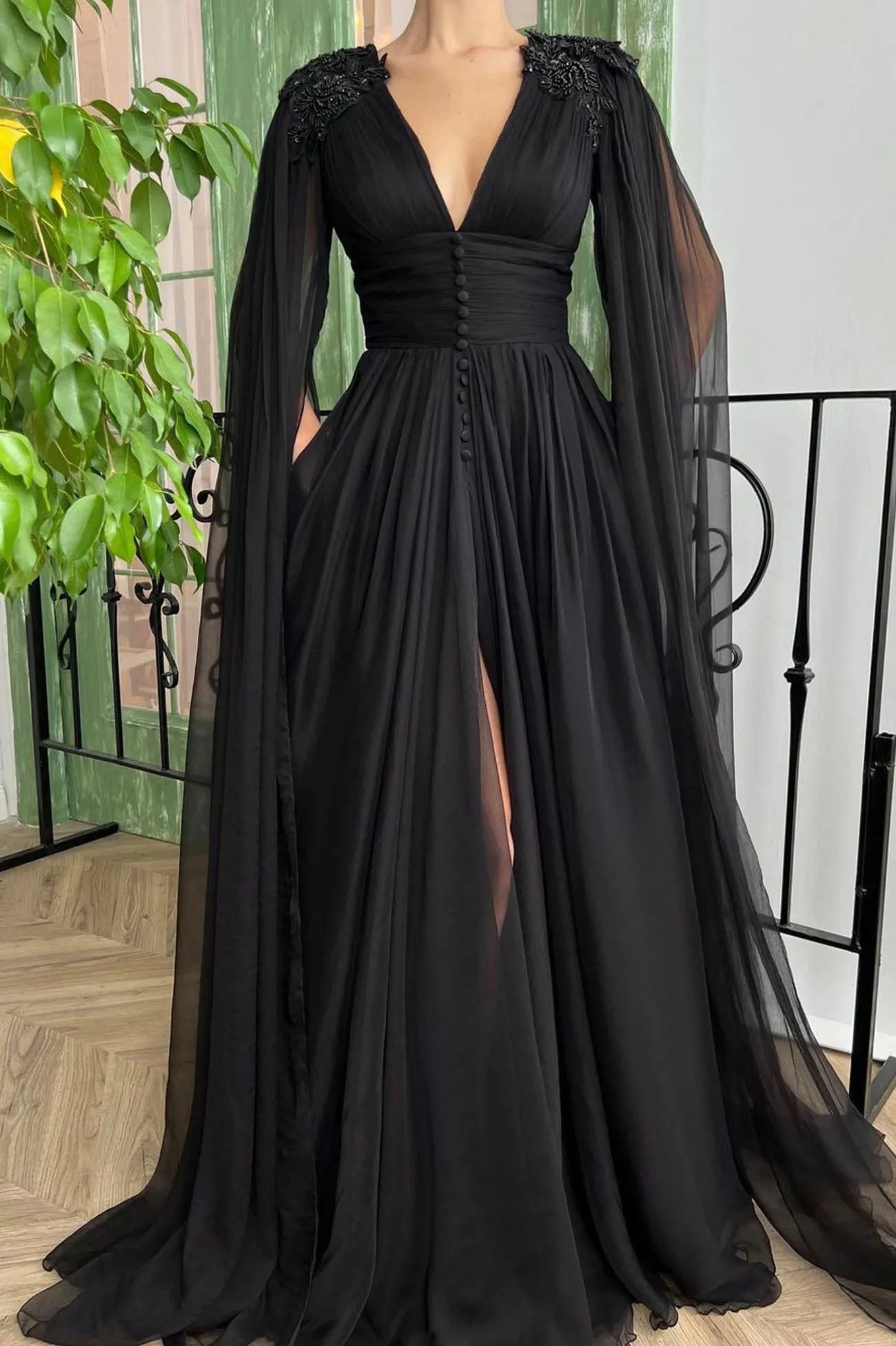 Black V-Neck Chiffon Long Prom Dress Black Evening Dress with Slit ﻿