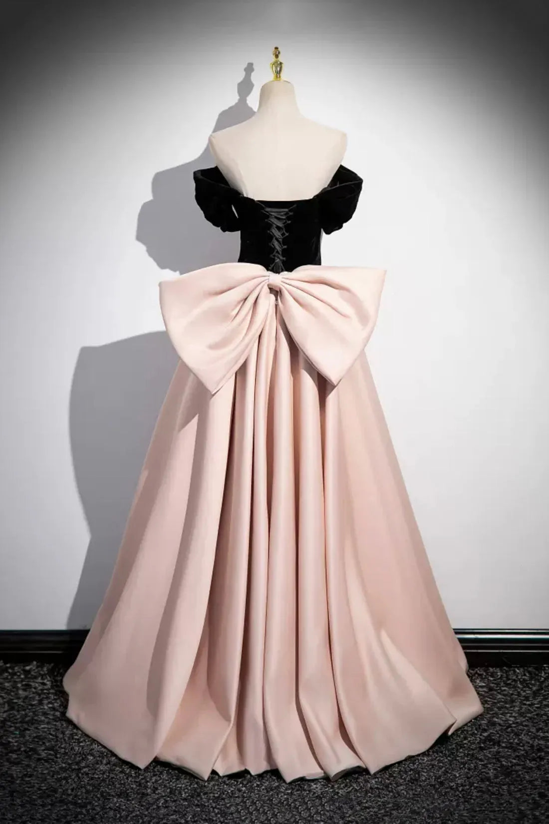 Black Velvet and Pink Satin Long Ball Dress Beautiful A-line Evening Dress with Bow