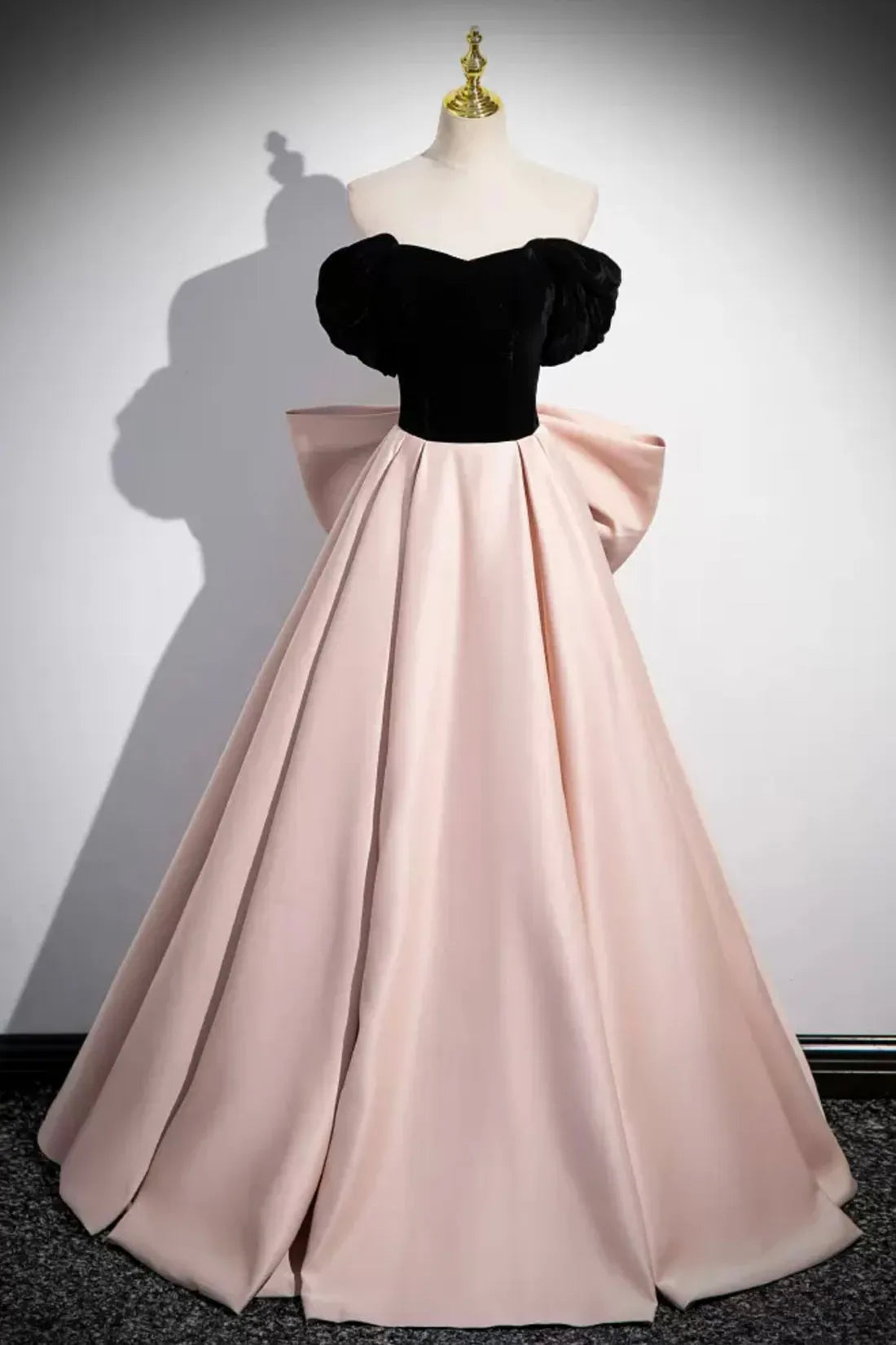 Black Velvet and Pink Satin Long Ball Dress Beautiful A-line Evening Dress with Bow