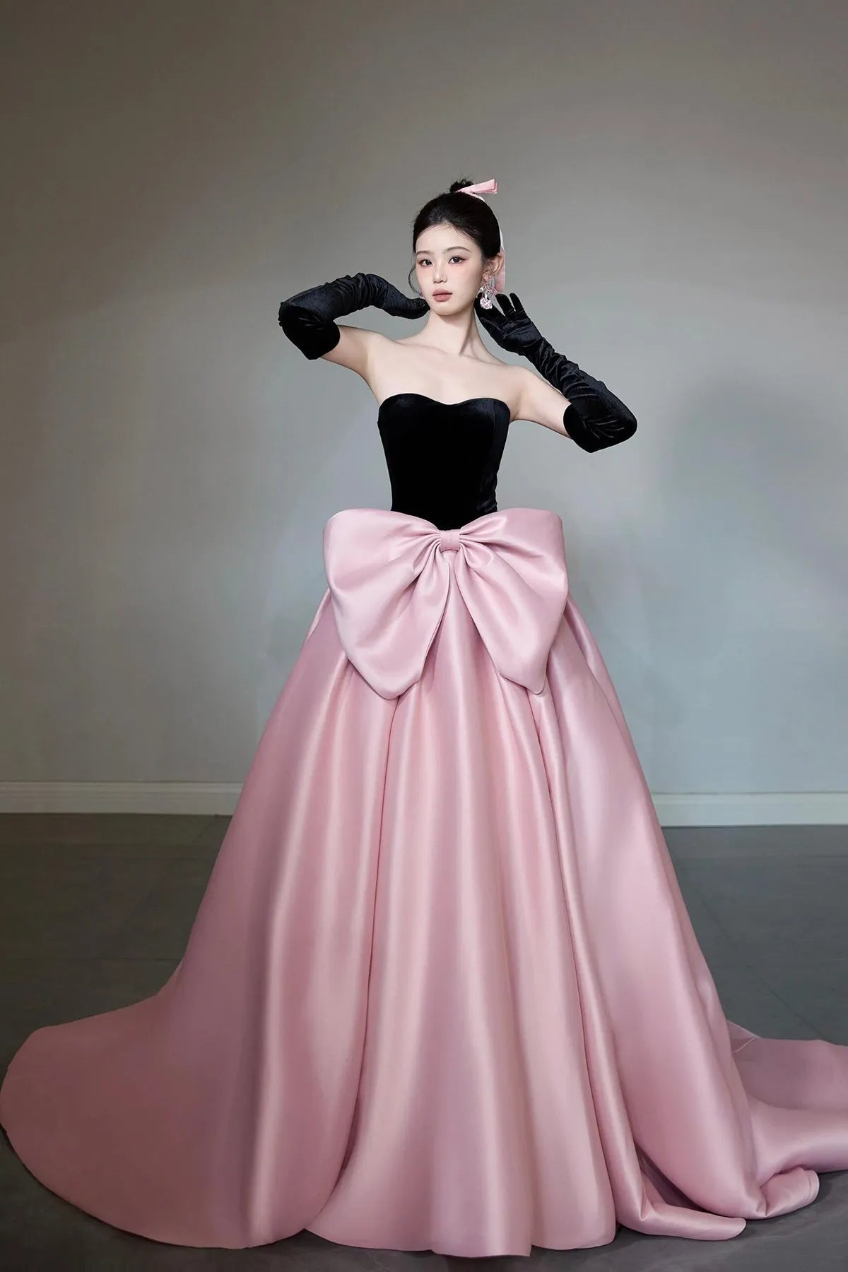 Black Velvet and Pink Satin Long Prom Dress Beautiful A-Line Strapless Party Dress