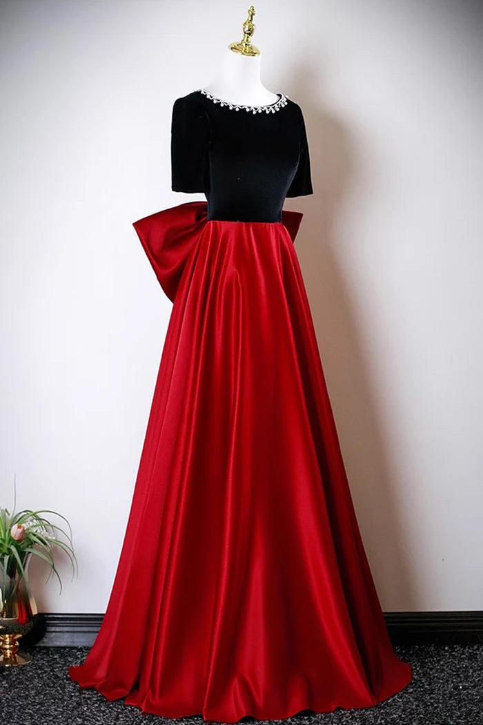 Black Velvet and Red Satin Long Prom Dress Elegant A-Line Evening Party Dress