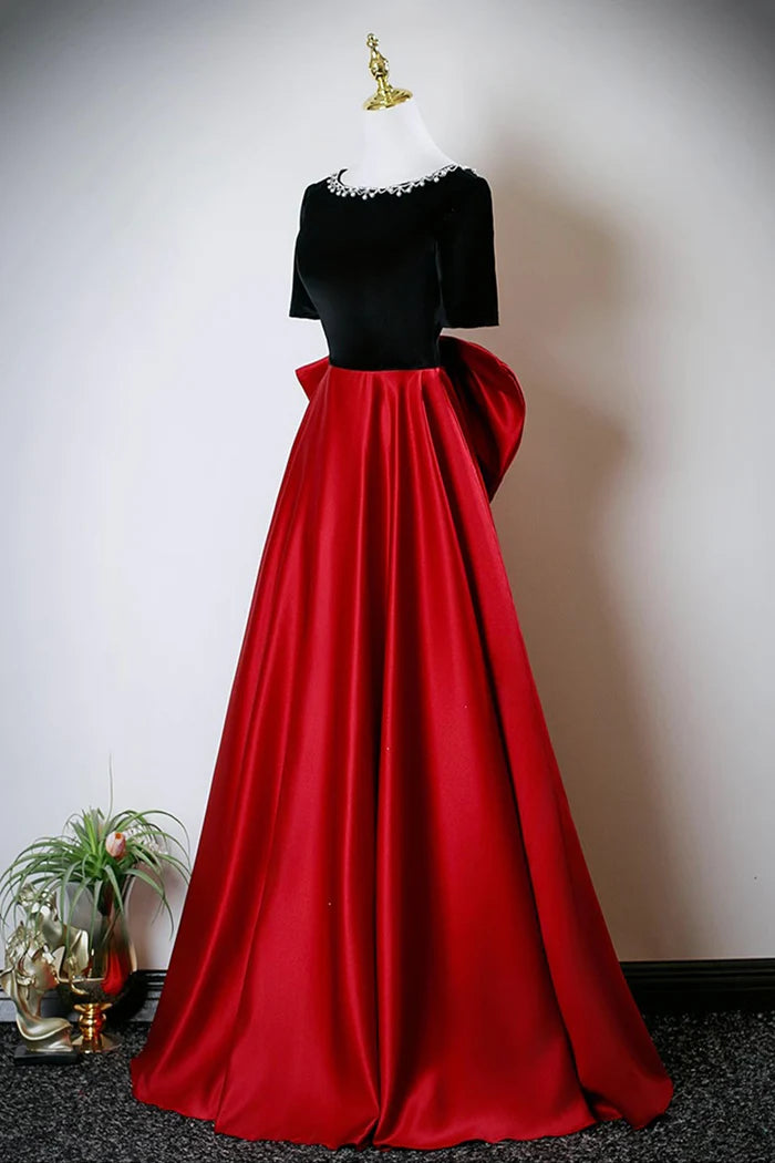 Black Velvet and Red Satin Long Prom Dress Elegant A-Line Evening Party Dress