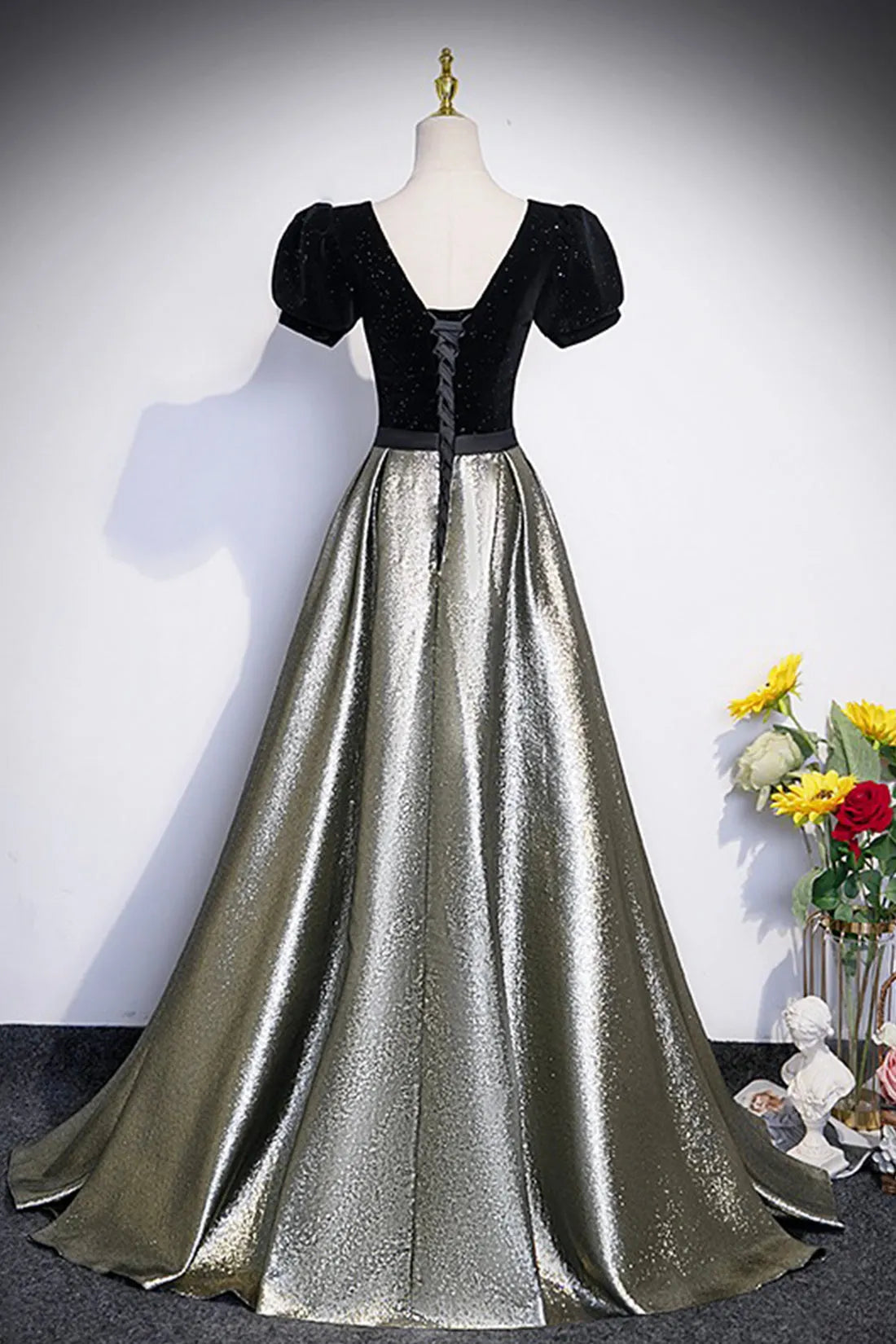 Black Velvet and Shiny Satin Long Prom Dress Beautiful A-Line Evening Party Dress