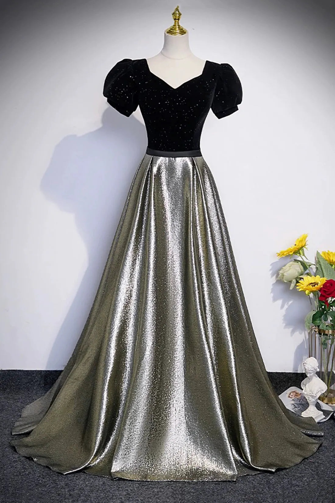 Black Velvet and Shiny Satin Long Prom Dress Beautiful A-Line Evening Party Dress