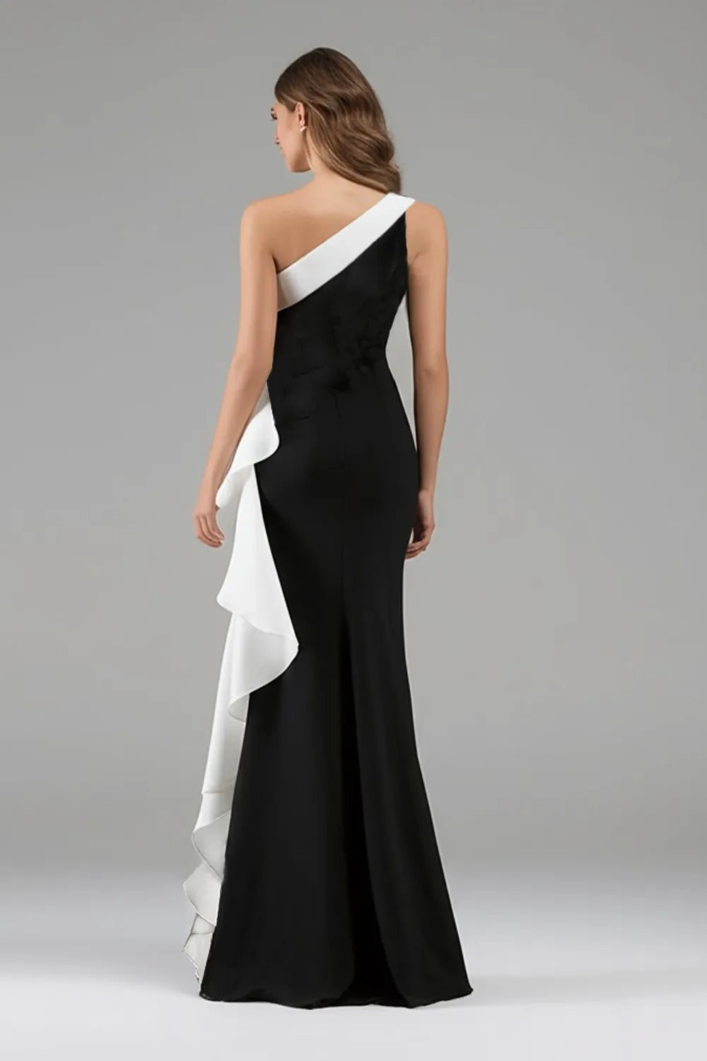 Black White One Shoulder Long Black Evening Dresses with Flowers
