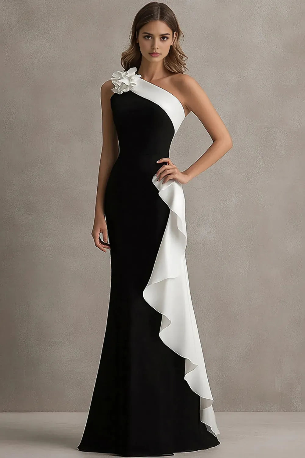 Black White One Shoulder Long Black Evening Dresses with Flowers