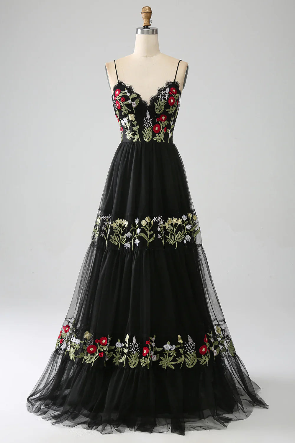 DingJiDress Black A-Line Spaghetti Straps Embroidered Long Corset Prom Dress