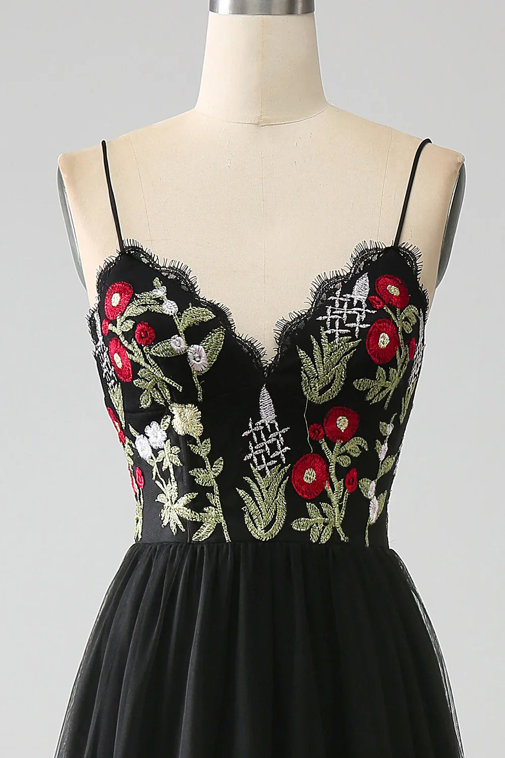 DingJiDress Black A-Line Spaghetti Straps Embroidered Long Corset Prom Dress