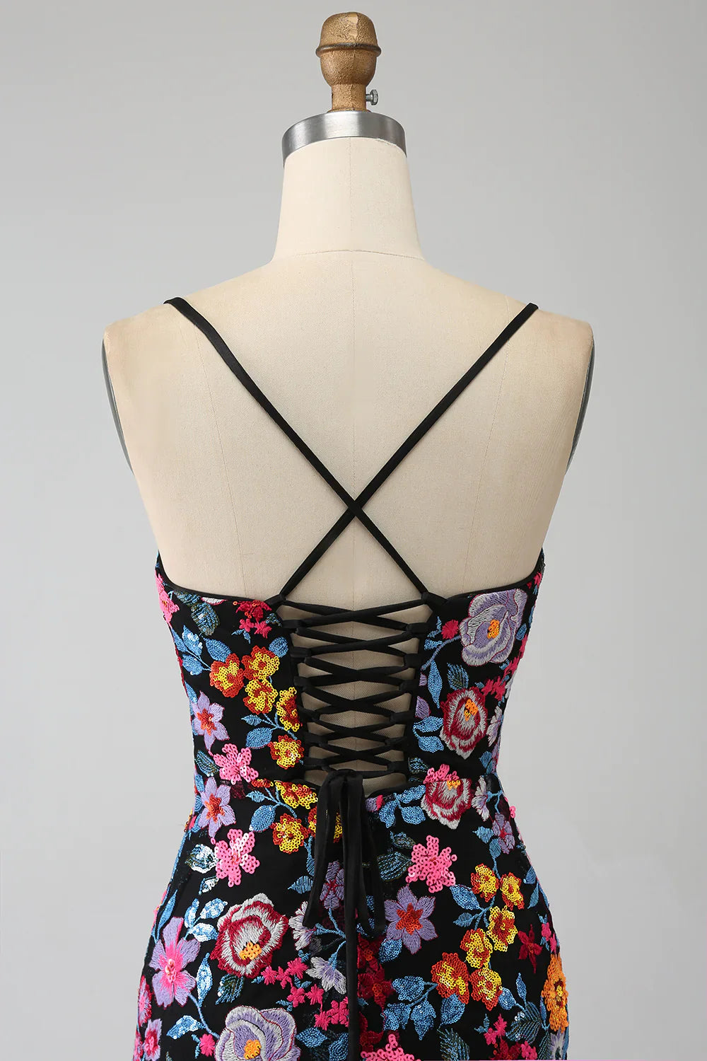 DingJiDress Mermaid Spaghetti Straps Black Flower Embroidered Prom Dress With Side Slit