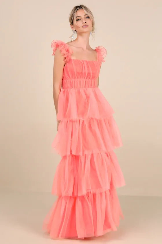 Black Mesh Tulle Tiered Ruffled Evening Dresses
